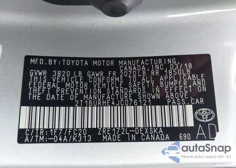 2018 Toyota Corolla Se z USA, uszkodzony, nr VIN 2T1BURHE4JC076121